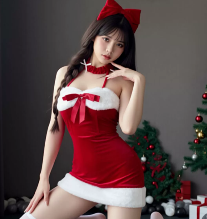 纯欲风挂脖红色吊带连衣裙性感圣诞主播cosplay舞台表演服3.png